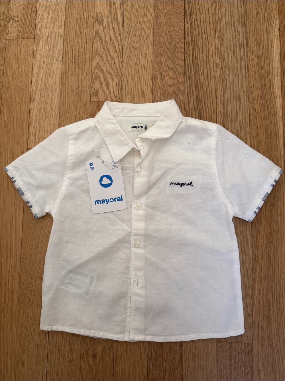 Mayoral White Short-Sleeve Button-Down Shirt with Navy Detail